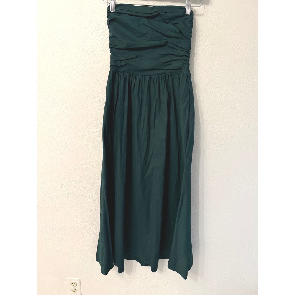 Reformation Forest Green Strapless Ruched Smocked Midi Dress Size 4 Pockets